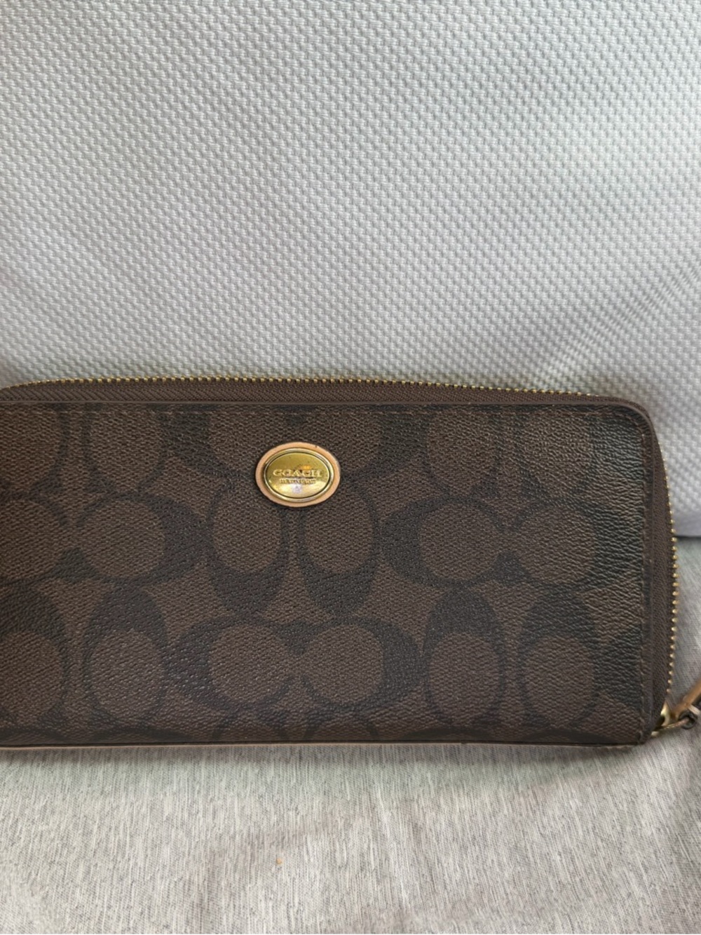 Coach Brown Signature Zip Wallet with Gold Emblem